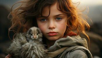 linda niña sonriente, abrazando pequeño mullido pollo, al aire libre en naturaleza generado por ai foto