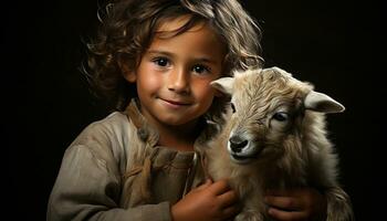 linda niño abrazando pequeño cabra, puro alegría y inocencia generado por ai foto