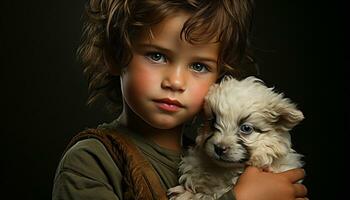 Cute small dog and child embrace, pure friendship and love generated by AI photo
