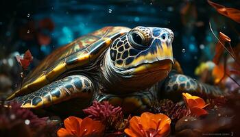 Cute turtle swimming in underwater reef, slow and small generated by AI photo