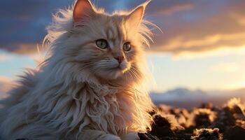 linda gatito sentado en césped, curioso a puesta de sol belleza generado por ai foto