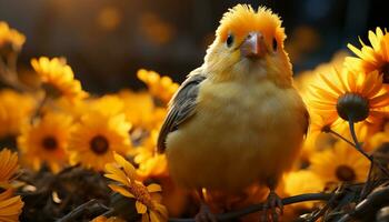 A cute, small bird perching on a branch outdoors generated by AI photo