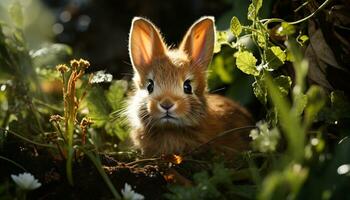 Fluffy small rabbit sitting in green meadow, looking at camera generated by AI photo
