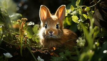 mullido pequeño Conejo sentado en verde prado, mirando a cámara generado por ai foto