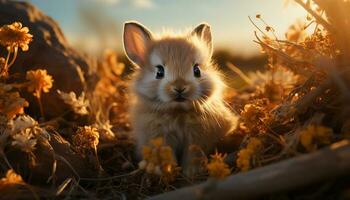 Fluffy rabbit sitting in grass, enjoying the sunset generated by AI photo