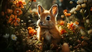 Fluffy baby rabbit sitting in meadow, looking at camera generated by AI photo