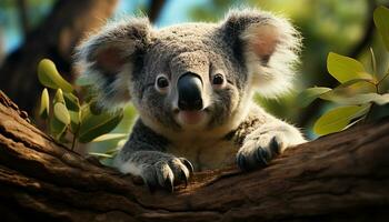 Cute koala sitting on eucalyptus branch, looking at camera generated by AI photo