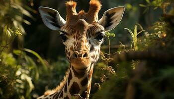 Giraffe, mammal, nature beauty, looking at camera, standing tall generated by AI photo
