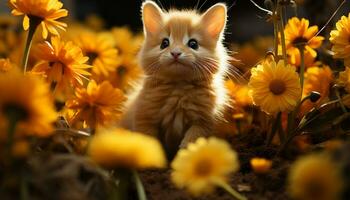 Cute kitten sitting in meadow, playful with yellow daisy generated by AI photo