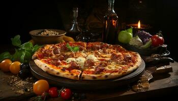 Freshly baked pizza on wooden table, a gourmet delight generated by AI photo