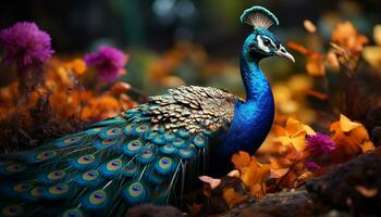 The majestic peacock displays vibrant beauty in nature generated by AI photo