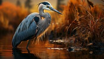 A heron standing in the swamp, reflecting the sunset generated by AI photo