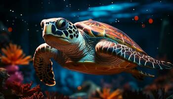 un lento, linda Tortuga nadando en el azul mar generado por ai foto