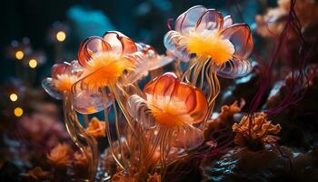 Underwater nature close up of multi colored fish on reef generated by AI photo