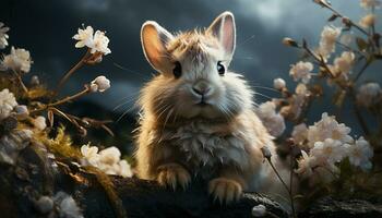 Cute small rabbit sitting outdoors, looking at one flower generated by AI photo