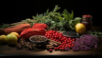 Freshness of nature healthy eating on a wood table generated by AI photo