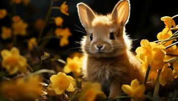 Cute yellow rabbit sitting in grass, enjoying springtime outdoors generated by AI photo