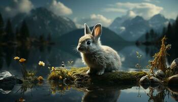 Cute rabbit sitting in grass, reflecting on tranquil mountain generated by AI photo