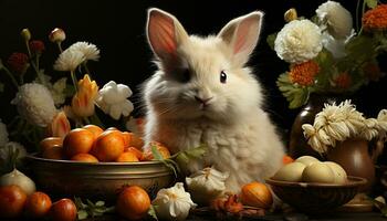 Cute rabbit celebrates spring with fluffy fur and carrot generated by AI photo