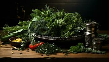 Freshness of organic vegetables on rustic wooden table generated by AI photo