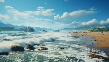 idílico línea costera, olas chocar, puesta de sol pinturas tranquilo belleza generado por ai foto