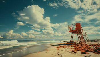 Lifeguard hut on sandy beach, tranquil sea, blue sky generated by AI photo