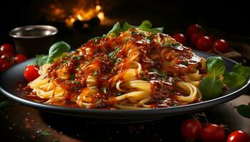 Freshness on plate gourmet pasta, cooked meat, healthy eating generated by AI photo