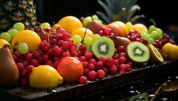 Freshness of summer fruits on a vibrant wooden plate generated by AI photo