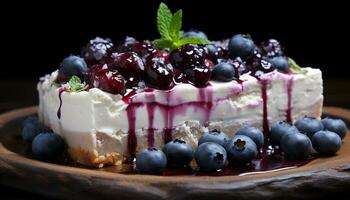 Homemade gourmet dessert fresh berry cheesecake with chocolate cream generated by AI photo