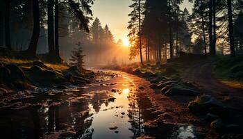 Tranquil scene sunset over forest, reflecting in calm water generated by AI photo