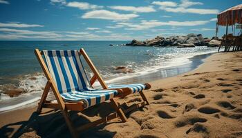 Sunbathing on a striped deck chair by the tranquil coastline generated by AI photo