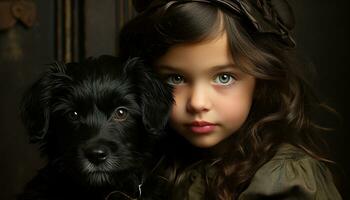 Cute girl smiling, embracing puppy, purebred terrier, love and friendship generated by AI photo