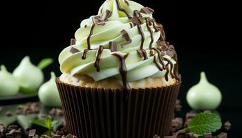 Homemade gourmet cupcake, sweet indulgence with chocolate icing generated by AI photo