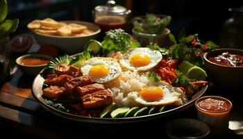 Grilled meat, fresh tomato, gourmet salad, cooked pork generated by AI photo