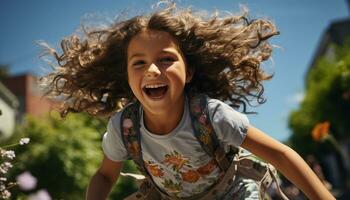 Smiling girl enjoys carefree summer, nature, and freedom generated by AI photo
