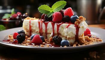 A homemade berry cheesecake with whipped cream and chocolate generated by AI photo