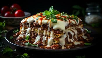 un gastrónomo comida Fresco lasaña, cocido carne, sano vegetales generado por ai foto