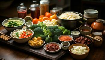 Freshness of healthy eating vegetable salad, wood bowl, organic ingredients generated by AI photo