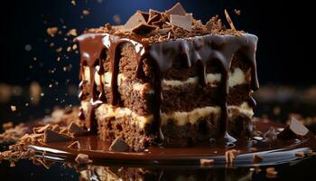 un rebanada de hecho en casa oscuro chocolate pastel en un plato generado por ai foto