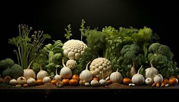 Fresh autumn vegetables decorate the table in vibrant colors generated by AI photo