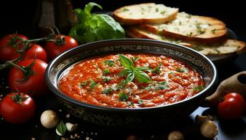 Fresh vegetarian meal tomato soup with homemade bread and parsley generated by AI photo