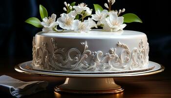 A decadent chocolate wedding cake, adorned with elegant flowers generated by AI photo