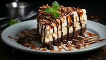 A gourmet dessert homemade tiramisu, layered with chocolate and cream generated by AI photo