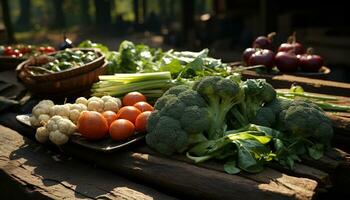 Fresco orgánico vegetales en de madera mesa, sano comiendo al aire libre generado por ai foto