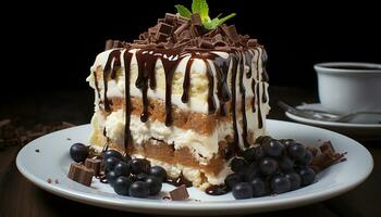 un plato de gastrónomo chocolate postre, Fresco y indulgente generado por ai foto