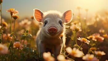 Cute piglet grazing in meadow, surrounded by flowers and nature generated by AI photo