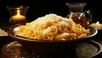 A gourmet meal of pasta, risotto, and wine on a rustic table generated by AI photo