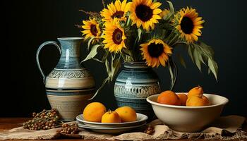 Fresh sunflower bouquet on rustic wooden table, nature vibrant decoration generated by AI photo