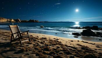 tranquilo escena noche cielo, lechoso forma, olas choque en arenoso línea costera generado por ai foto
