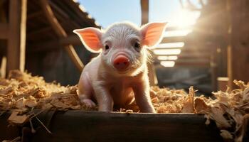 linda cerdito en granja, rodeado por naturaleza, disfrutando verano comida generado por ai foto